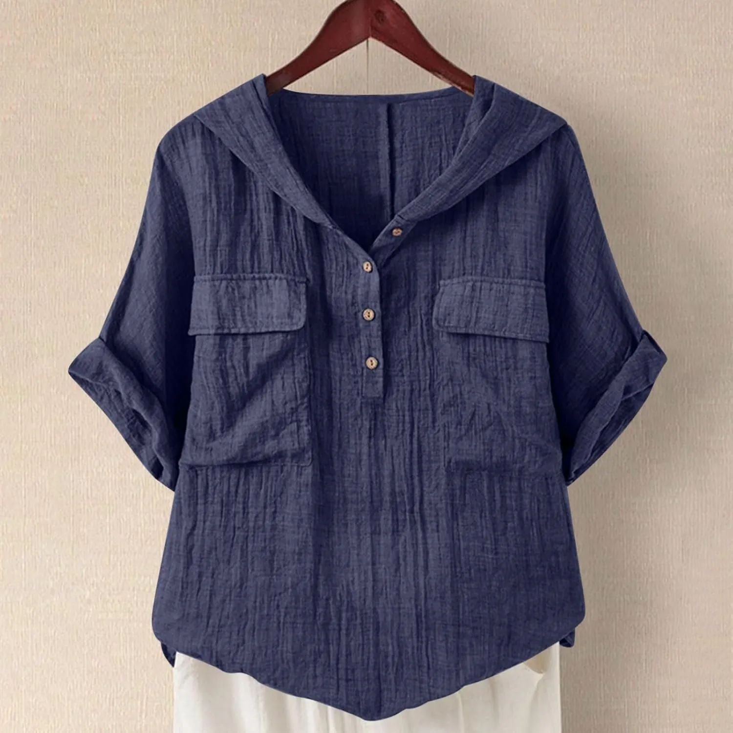 Linen Shirts for Women Summer V Neck Button Down Solid Color Short Sleeve Loose Vacation Blouse Tops with Pockets