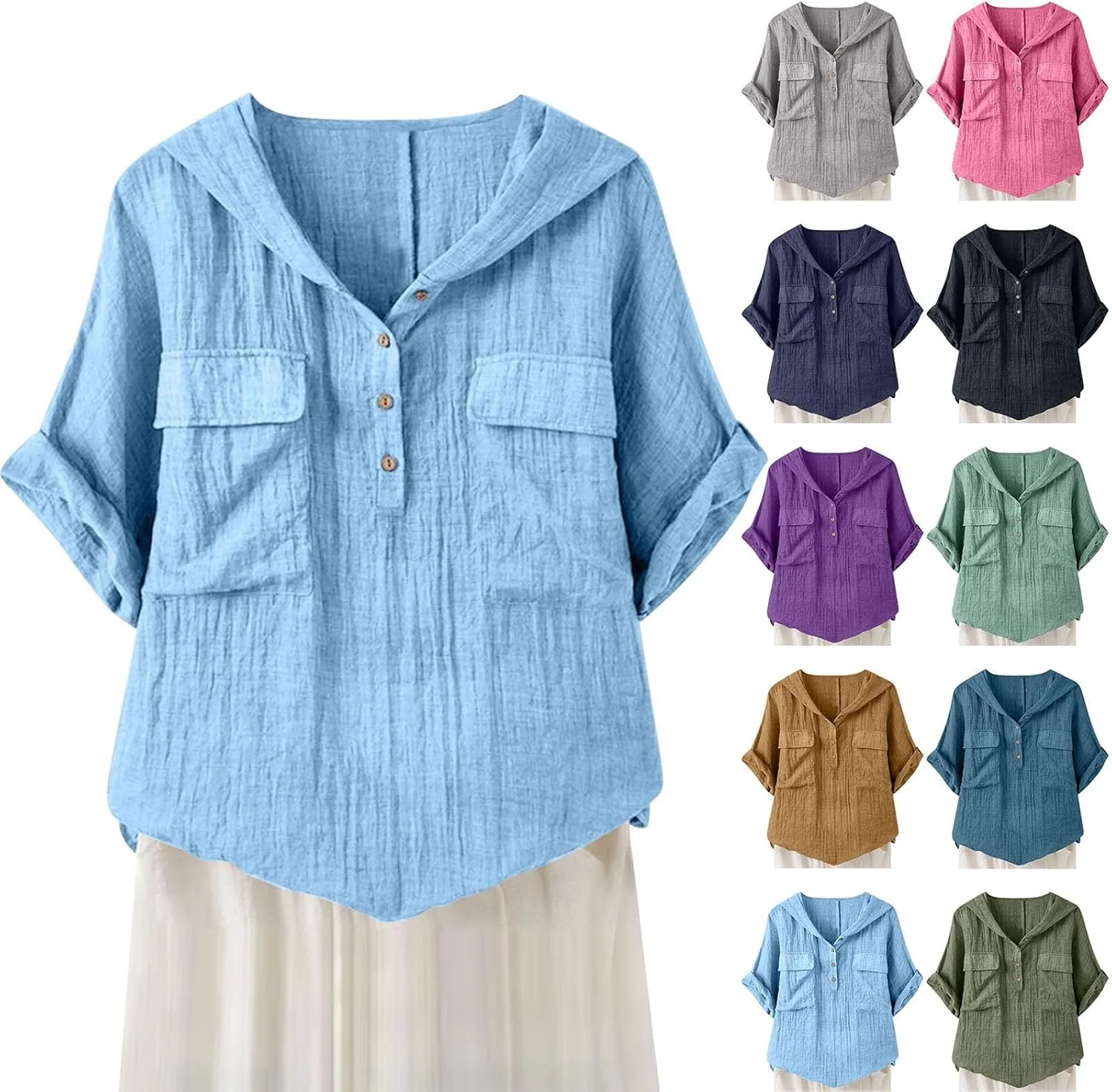Linen Shirts for Women Summer V Neck Button Down Solid Color Short Sleeve Loose Vacation Blouse Tops with Pockets