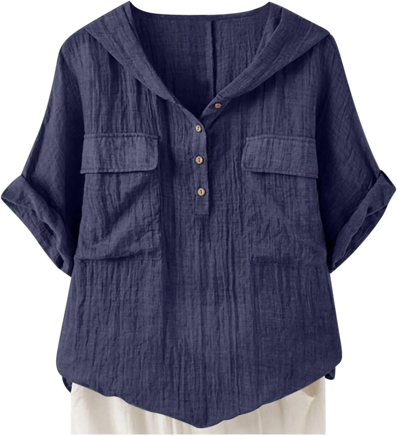 Linen Shirts for Women Summer V Neck Button Down Solid Color Short Sleeve Loose Vacation Blouse Tops with Pockets