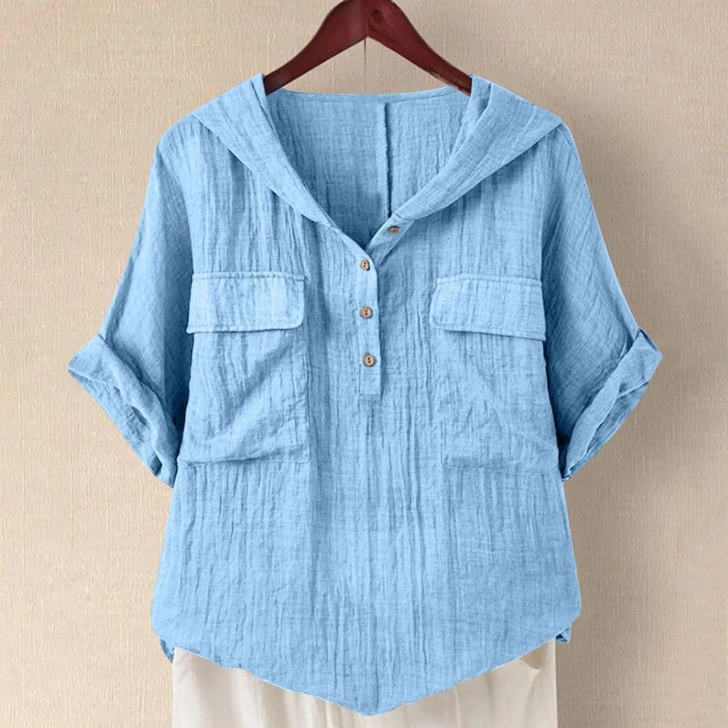 Linen Shirts for Women Summer V Neck Button Down Solid Color Short Sleeve Loose Vacation Blouse Tops with Pockets