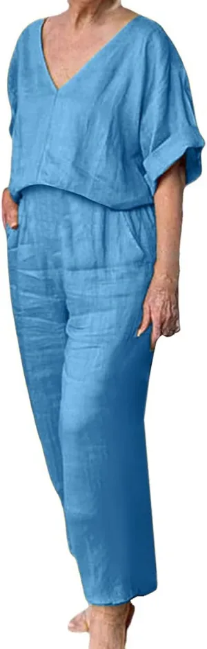 Linen Short Sets for Women Casual Outfits for Women 2 Piece Sets Vacation White Jumpsuit Woman Pants Outfits 2 Piece Dressy Summer Two Casual Short Sleeve Wide Leg Lounge