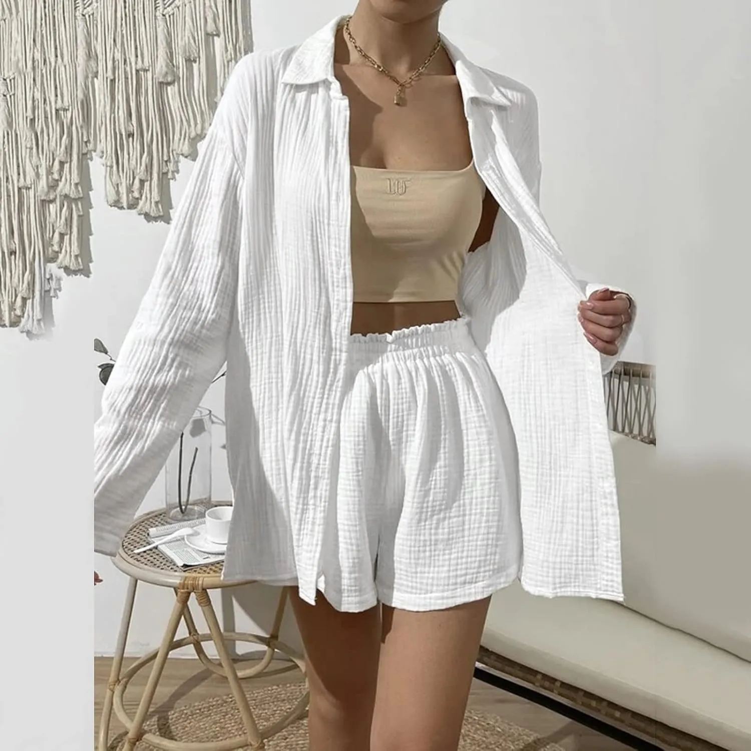 Linen Short Sets for Women Short Sleeve Top Shorts 2 Piece Summer Beach Vacation Outfits Lounge Tracksuits