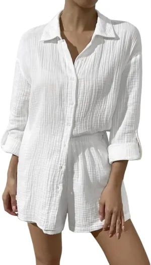 Linen Short Sets for Women Short Sleeve Top Shorts 2 Piece Summer Beach Vacation Outfits Lounge Tracksuits