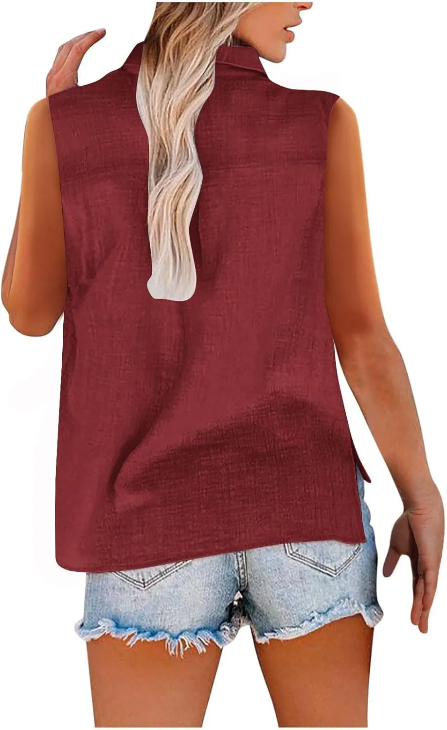 Linen Tank Tops for Women Sleeveless Collared Button Down Shirts Casual Loose Solid Color T-Shirts Summer Basic Tees