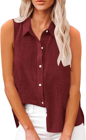 Linen Tank Tops for Women Sleeveless Collared Button Down Shirts Casual Loose Solid Color T-Shirts Summer Basic Tees
