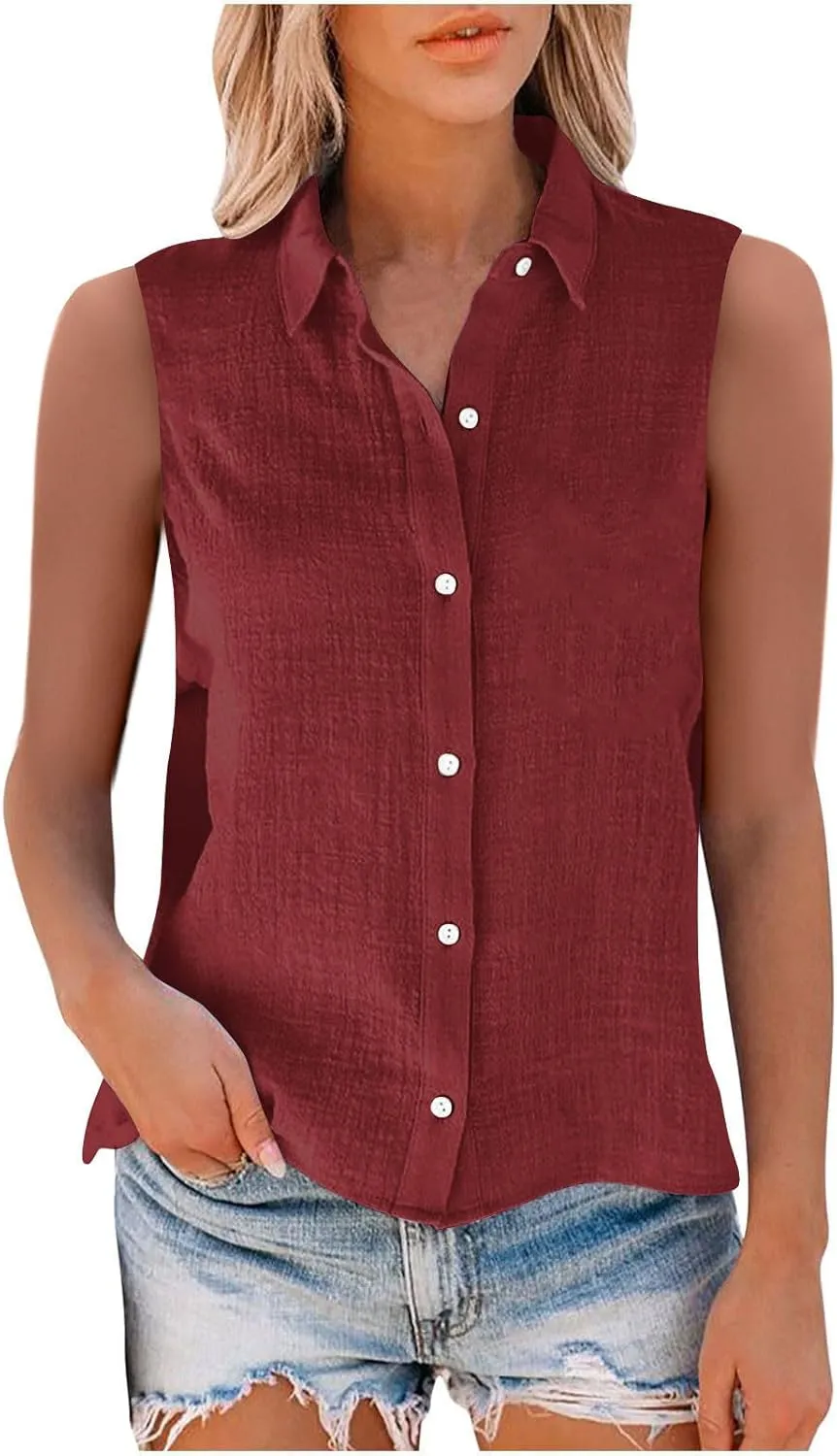 Linen Tank Tops for Women Sleeveless Collared Button Down Shirts Casual Loose Solid Color T-Shirts Summer Basic Tees