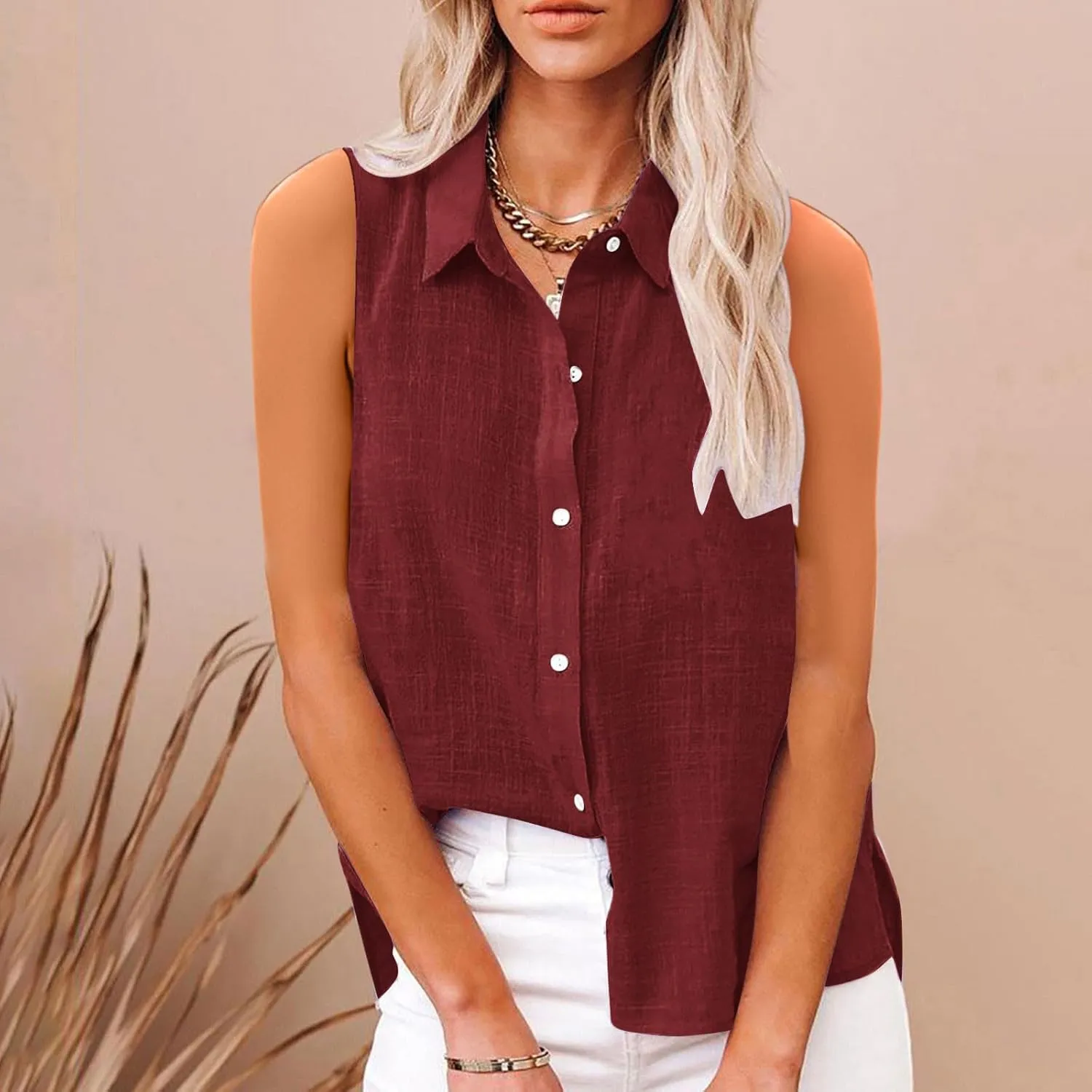 Linen Tank Tops for Women Sleeveless Collared Button Down Shirts Casual Loose Solid Color T-Shirts Summer Basic Tees