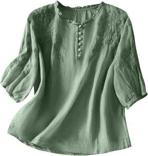 Linen Tops for Women Embroidered Graphic Print T-Shirt Solid Color Short Sleeve Summer Tops Crew Neck Button up Shirt