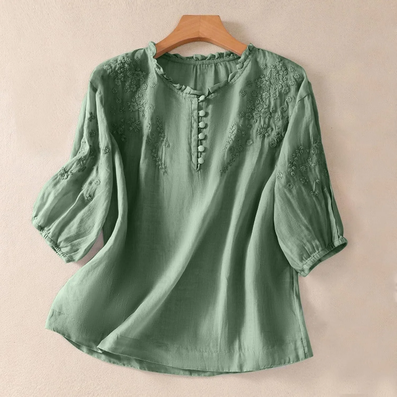 Linen Tops for Women Embroidered Graphic Print T-Shirt Solid Color Short Sleeve Summer Tops Crew Neck Button up Shirt