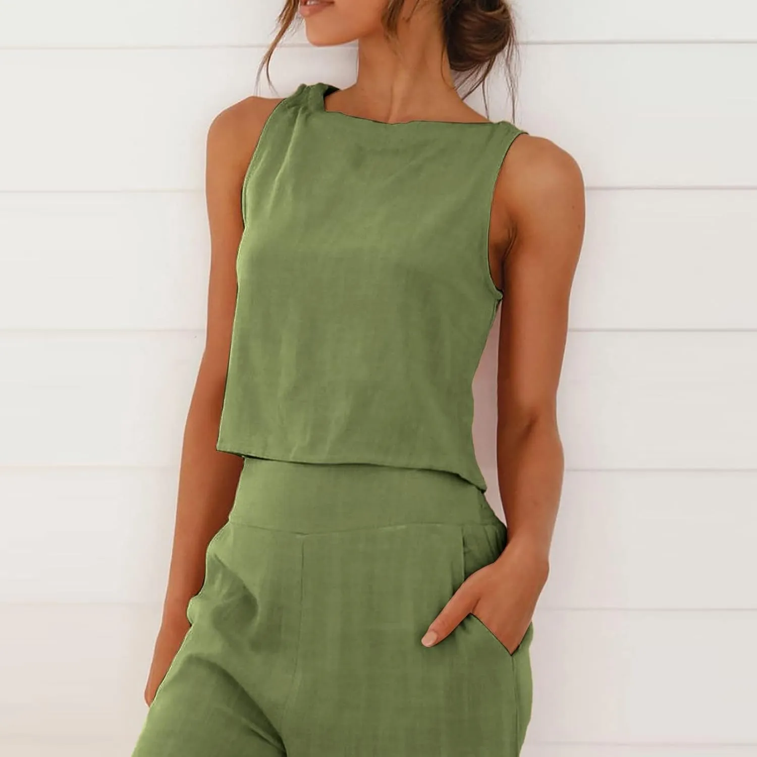 Linen Two Piece Set Women Business Casual Outfits Sleeveless Crop Tops Palazzo Pants Cocktail Pantsuit For Wedding Guest