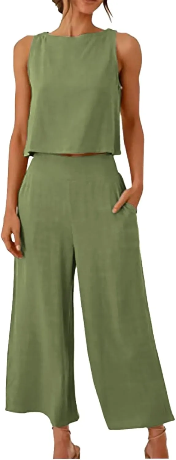 Linen Two Piece Set Women Business Casual Outfits Sleeveless Crop Tops Palazzo Pants Cocktail Pantsuit For Wedding Guest