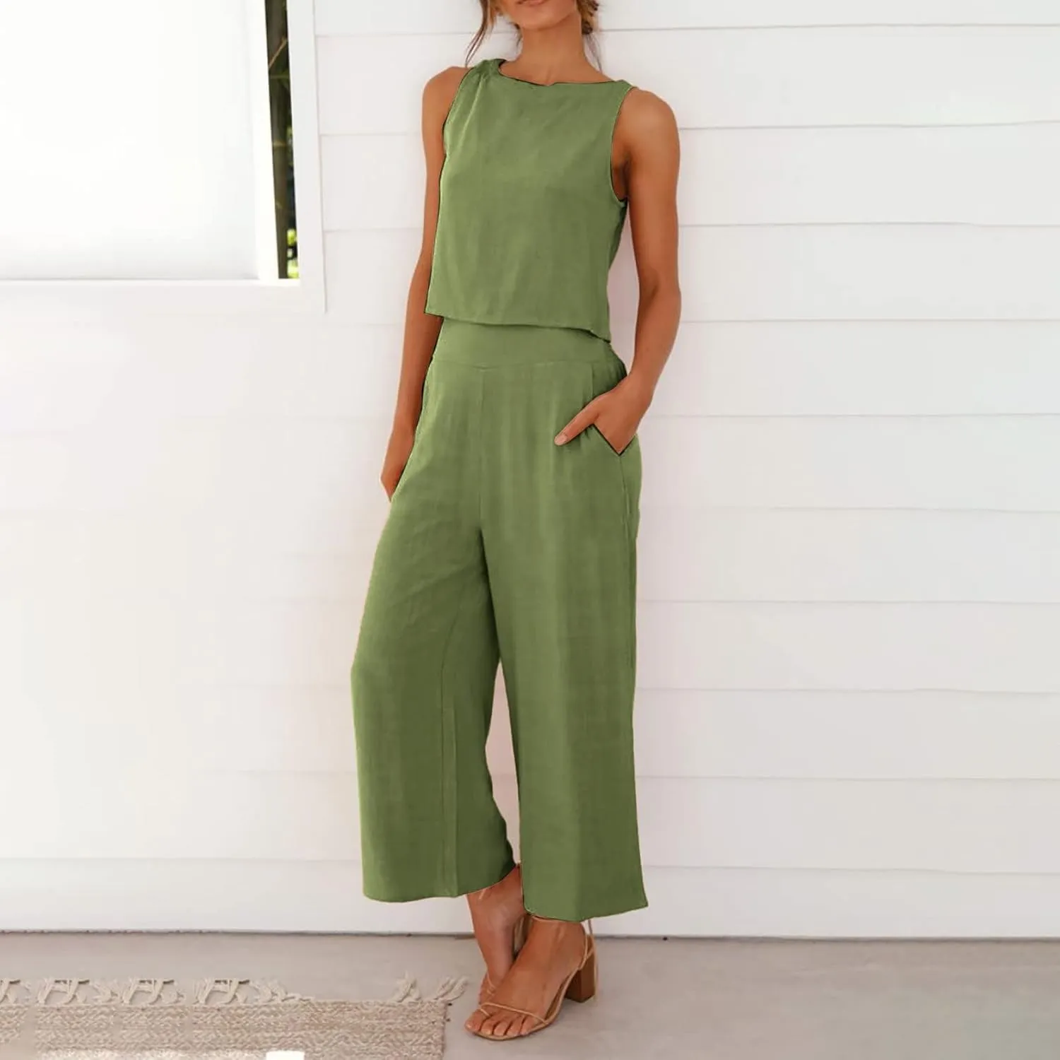 Linen Two Piece Set Women Business Casual Outfits Sleeveless Crop Tops Palazzo Pants Cocktail Pantsuit For Wedding Guest