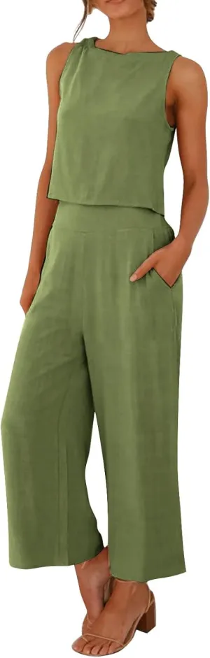 Linen Two Piece Set Women Business Casual Outfits Sleeveless Crop Tops Palazzo Pants Cocktail Pantsuit For Wedding Guest