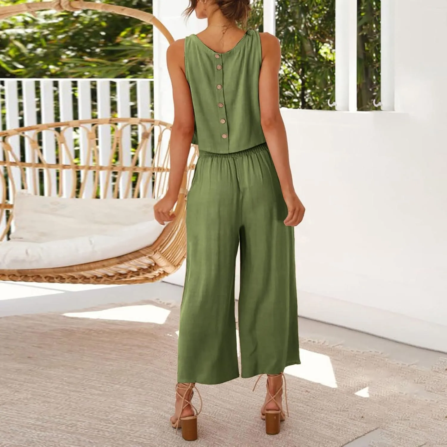 Linen Two Piece Set Women Business Casual Outfits Sleeveless Crop Tops Palazzo Pants Cocktail Pantsuit For Wedding Guest