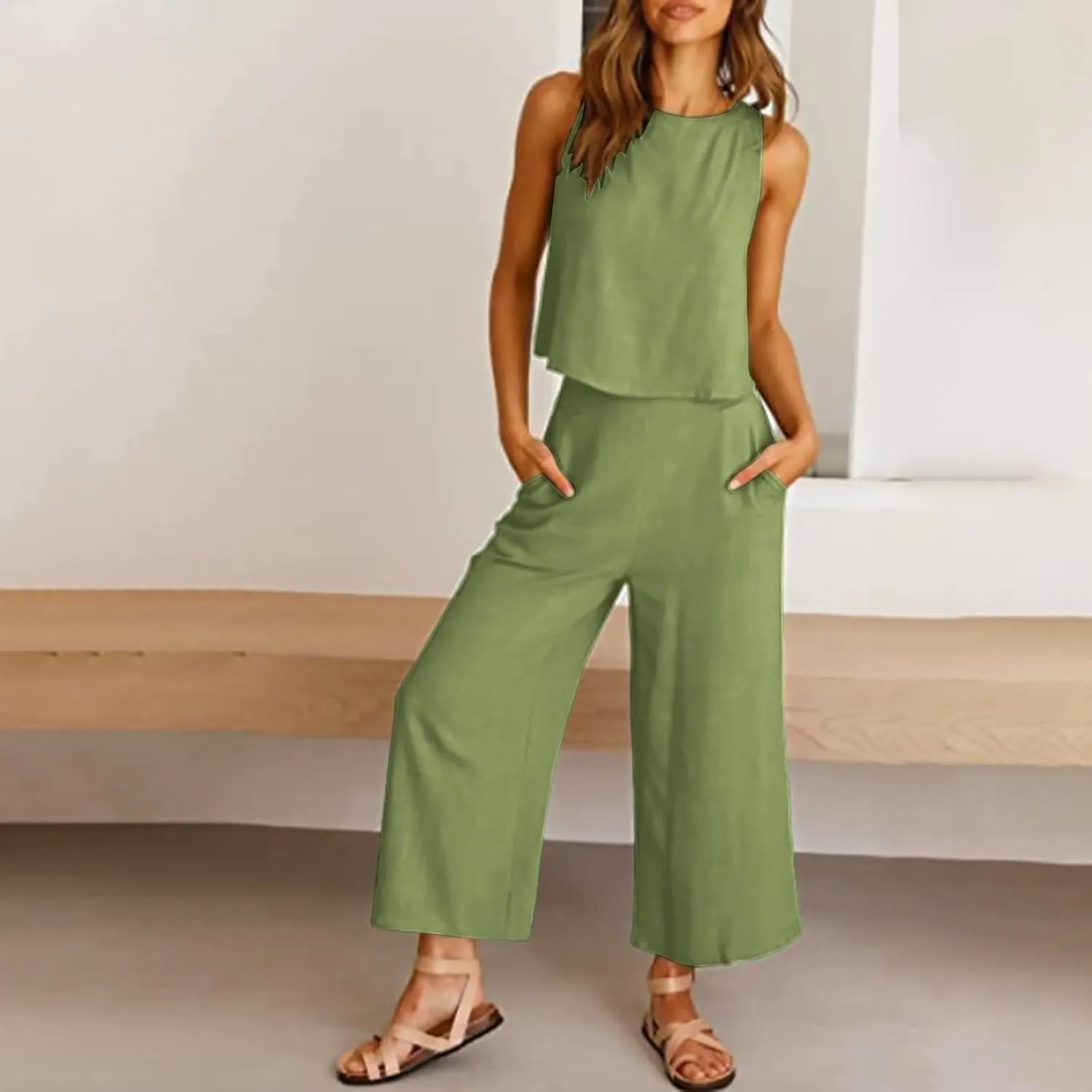 Linen Two Piece Set Women Business Casual Outfits Sleeveless Crop Tops Palazzo Pants Cocktail Pantsuit For Wedding Guest