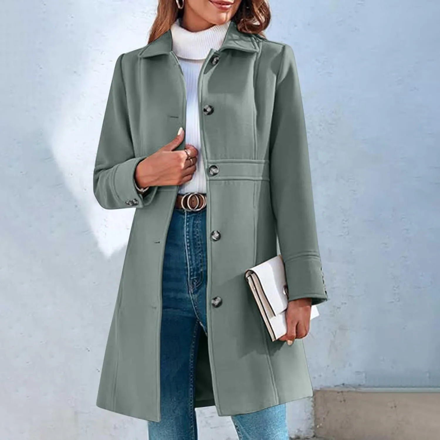 Lmdudan Women's Elegant Single Breasted Coat Long Sleeve Mid Winter Overcoat Solid Color Work Office Pea Coats with Pockets