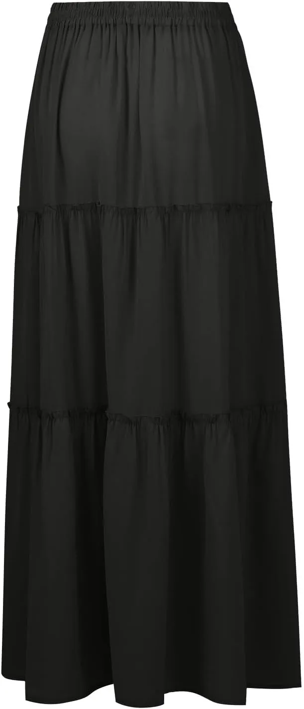 Long Skirts for Women Trendy Pleated Maxi Skirt Casual Drawstring High Waisted Flowy Tiered Long Skirt with Pockets