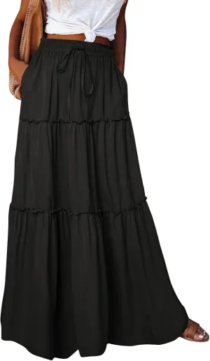 Long Skirts for Women Trendy Pleated Maxi Skirt Casual Drawstring High Waisted Flowy Tiered Long Skirt with Pockets
