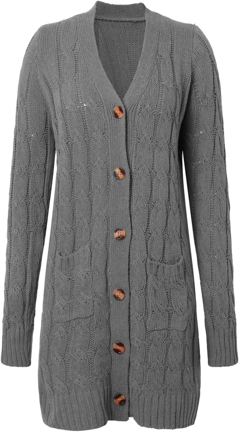 Long Sleeve Cable Knit Long Cardigan for Women 2024 Fall Winter Chunky Open Front Button Sweaters with Pockets
