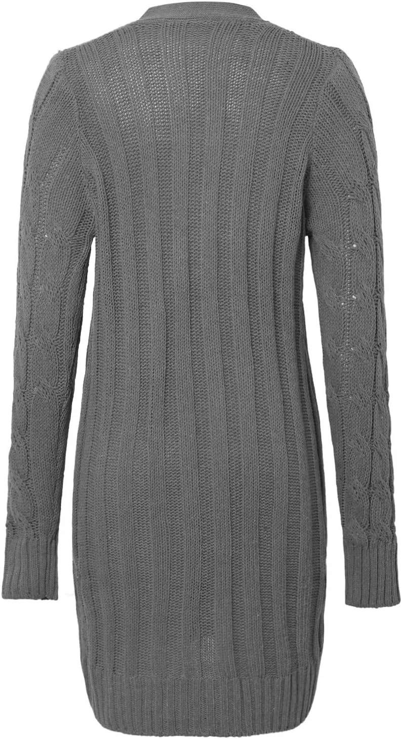 Long Sleeve Cable Knit Long Cardigan for Women 2024 Fall Winter Chunky Open Front Button Sweaters with Pockets