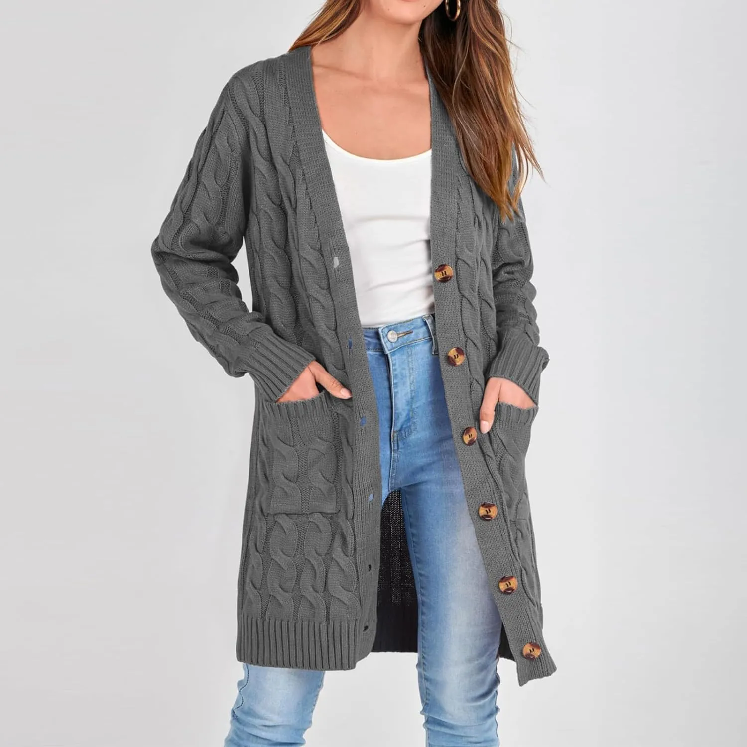 Long Sleeve Cable Knit Long Cardigan for Women 2024 Fall Winter Chunky Open Front Button Sweaters with Pockets