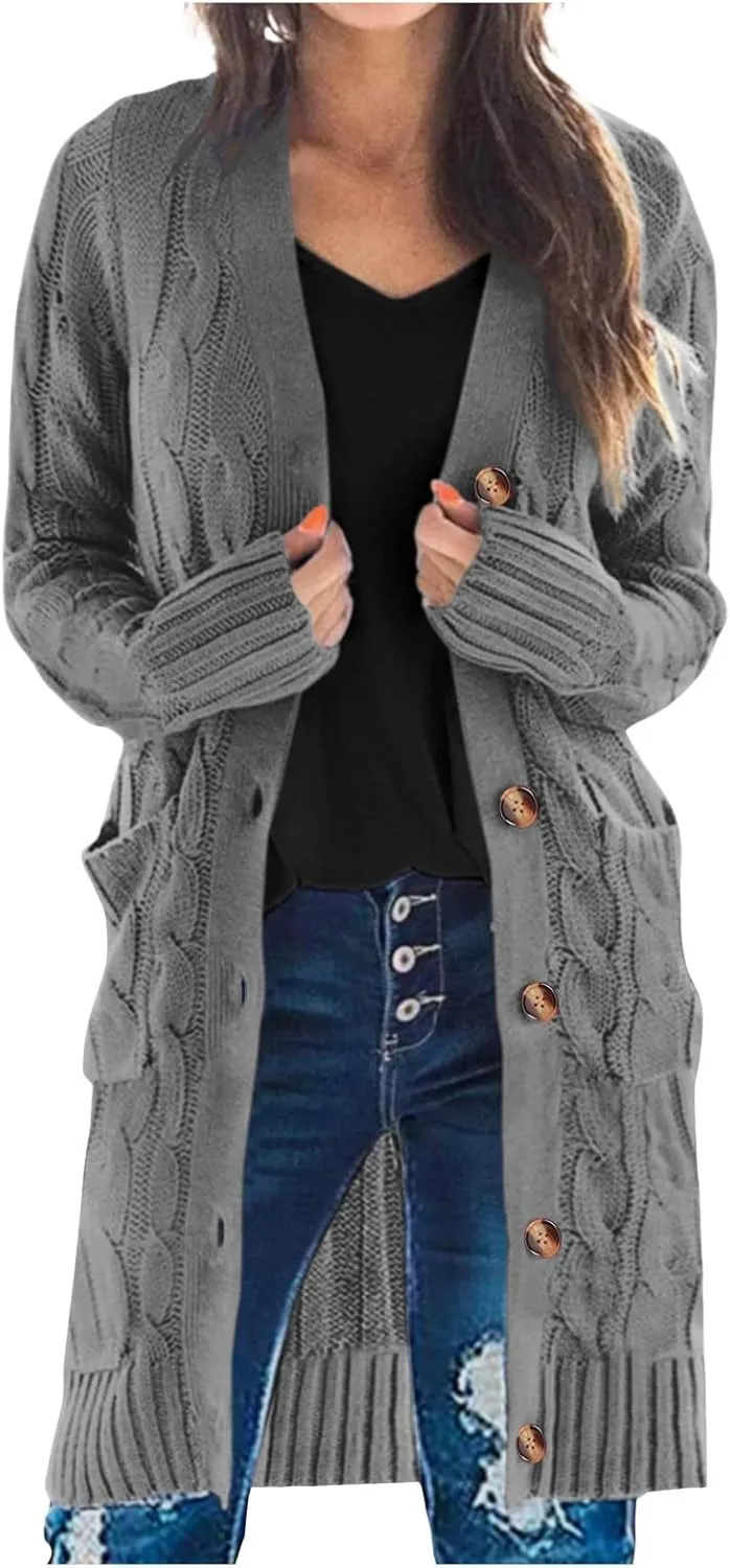 Long Sleeve Cable Knit Long Cardigan for Women 2024 Fall Winter Chunky Open Front Button Sweaters with Pockets