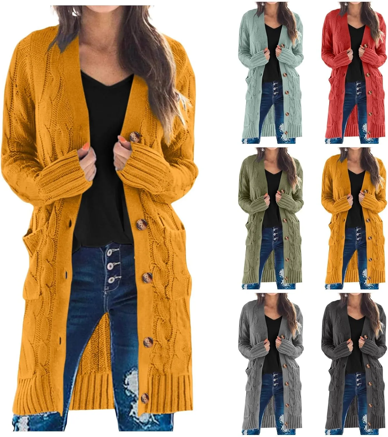 Long Sleeve Cable Knit Long Cardigan for Women 2024 Fall Winter Chunky Open Front Button Sweaters with Pockets