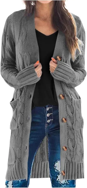 Long Sleeve Cable Knit Long Cardigan for Women 2024 Fall Winter Chunky Open Front Button Sweaters with Pockets