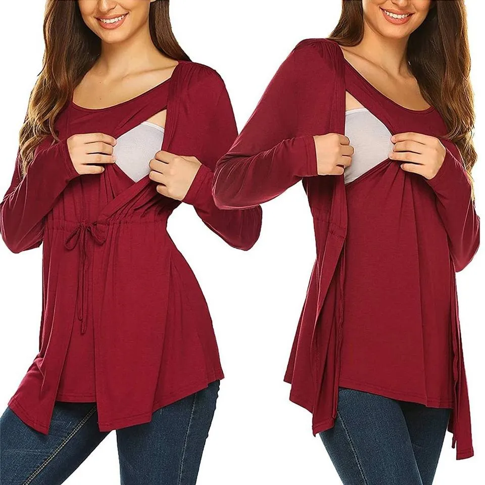 Long Sleeve T-shirt Elegant Double Layer For Breastfeeding Pregnancy Maternity Clothes For Mom(Bulk 3 Sets)