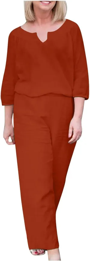 Lounge 2 Piece Outfits for Women Summer Linen Matching Set 3/4 Sleeve Tops and Wide Leg Long Pants Two Piece Sets