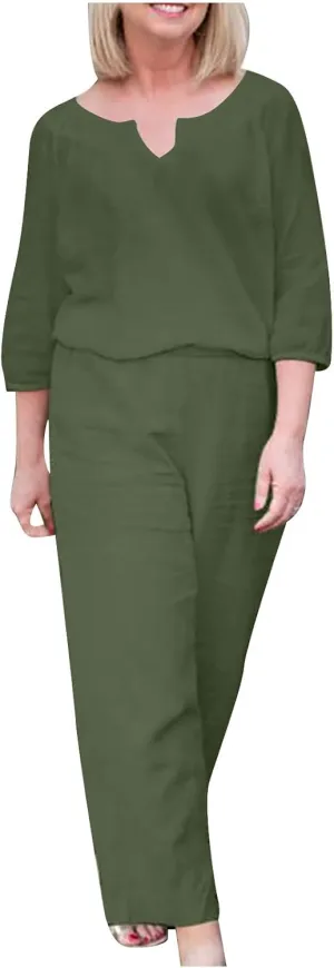 Lounge 2 Piece Outfits for Women Summer Linen Matching Set 3/4 Sleeve Tops and Wide Leg Long Pants Two Piece Sets