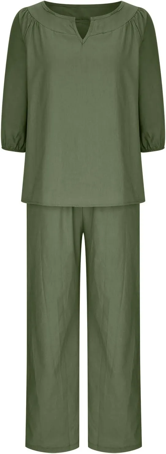 Lounge 2 Piece Outfits for Women Summer Linen Matching Set 3/4 Sleeve Tops and Wide Leg Long Pants Two Piece Sets