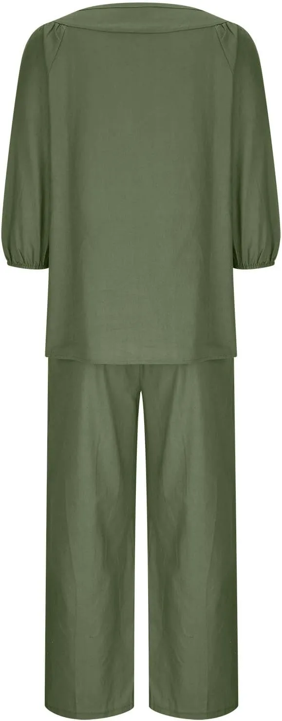 Lounge 2 Piece Outfits for Women Summer Linen Matching Set 3/4 Sleeve Tops and Wide Leg Long Pants Two Piece Sets