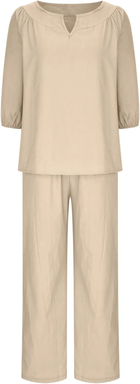 Lounge 2 Piece Outfits for Women Summer Linen Matching Set 3/4 Sleeve Tops and Wide Leg Long Pants Two Piece Sets