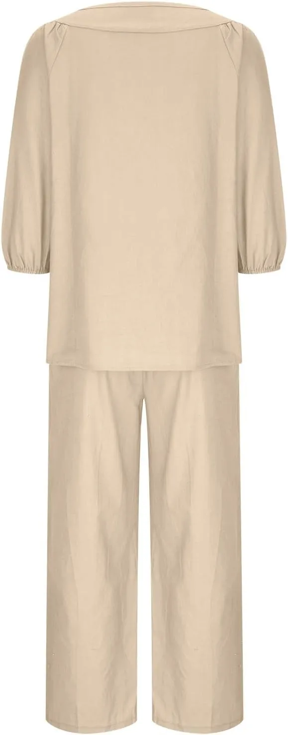 Lounge 2 Piece Outfits for Women Summer Linen Matching Set 3/4 Sleeve Tops and Wide Leg Long Pants Two Piece Sets