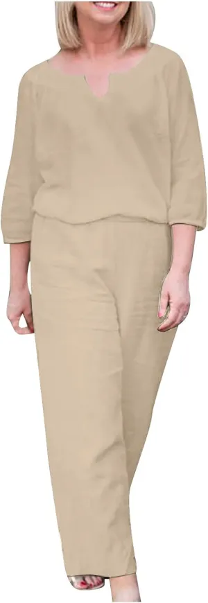 Lounge 2 Piece Outfits for Women Summer Linen Matching Set 3/4 Sleeve Tops and Wide Leg Long Pants Two Piece Sets