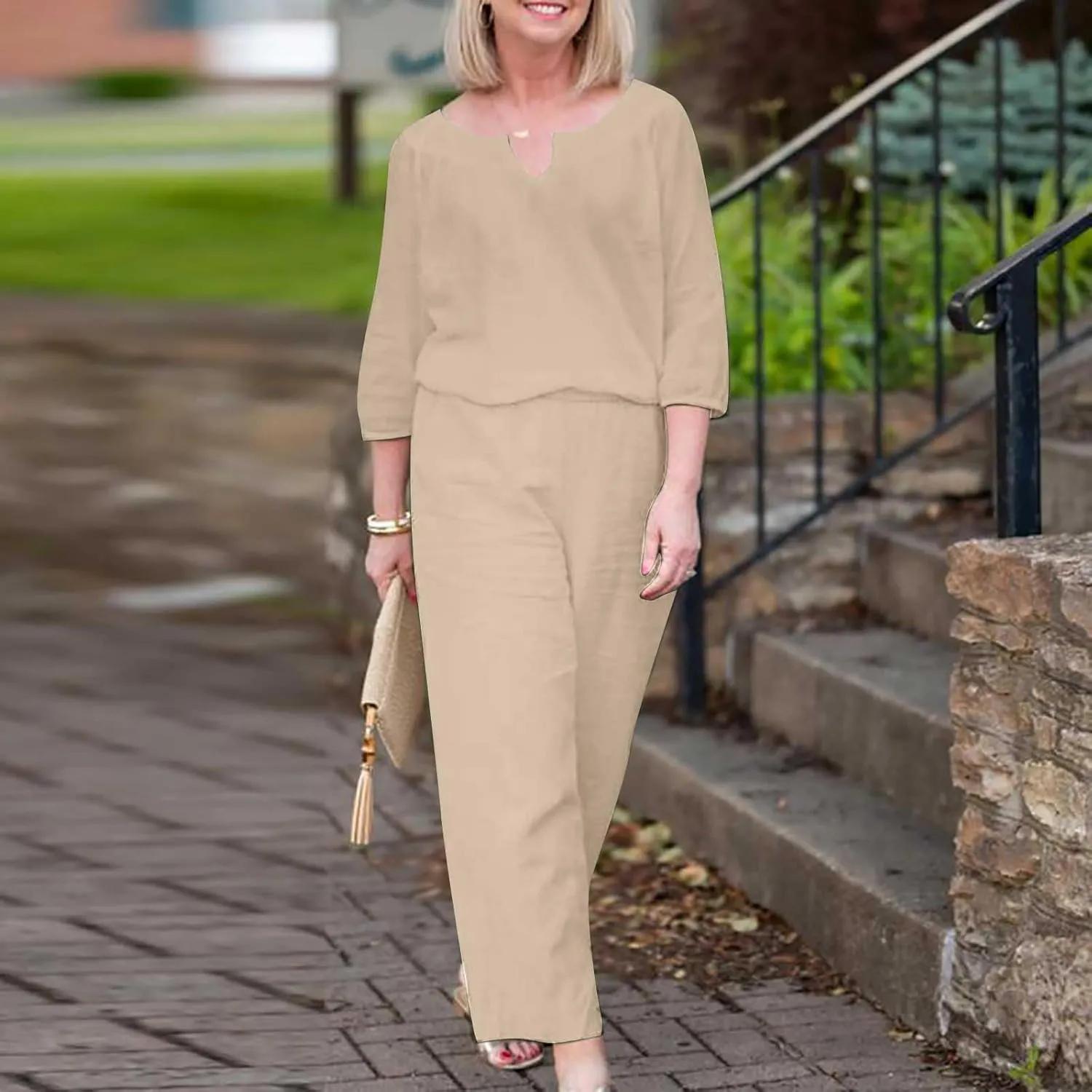 Lounge 2 Piece Outfits for Women Summer Linen Matching Set 3/4 Sleeve Tops and Wide Leg Long Pants Two Piece Sets