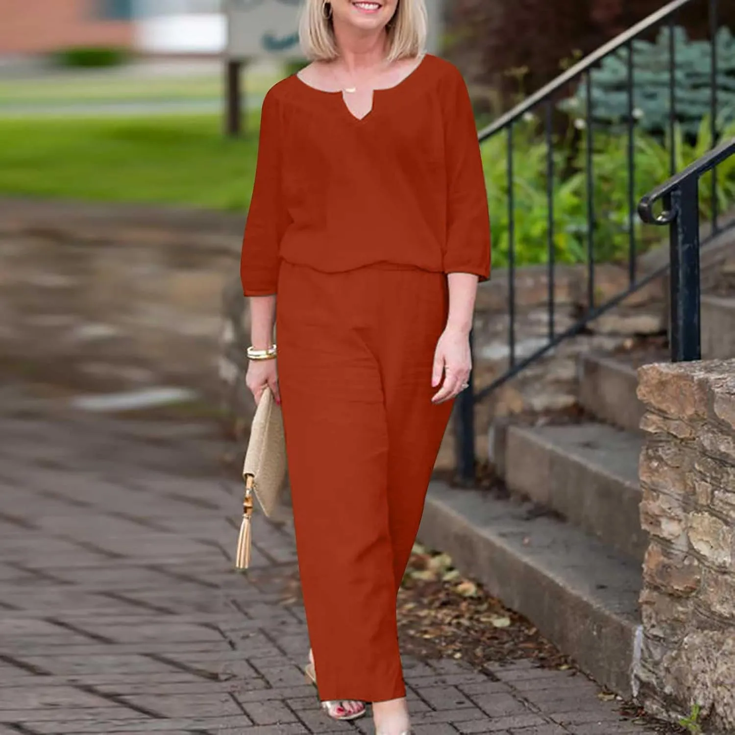 Lounge 2 Piece Outfits for Women Summer Linen Matching Set 3/4 Sleeve Tops and Wide Leg Long Pants Two Piece Sets