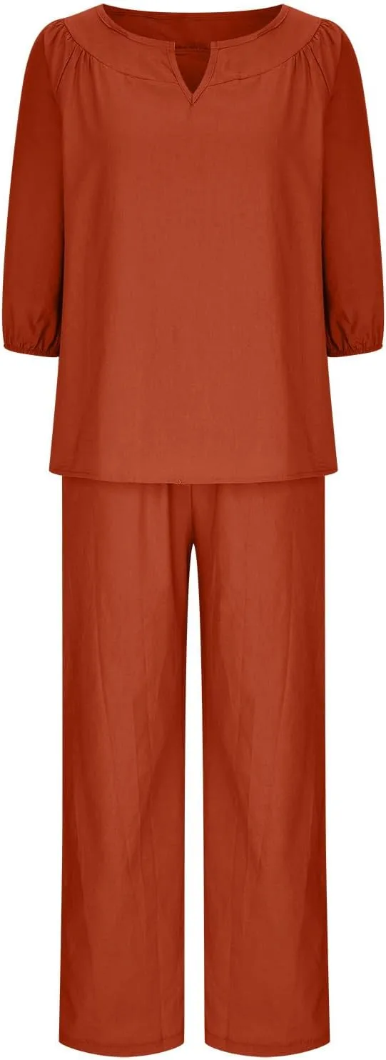 Lounge 2 Piece Outfits for Women Summer Linen Matching Set 3/4 Sleeve Tops and Wide Leg Long Pants Two Piece Sets