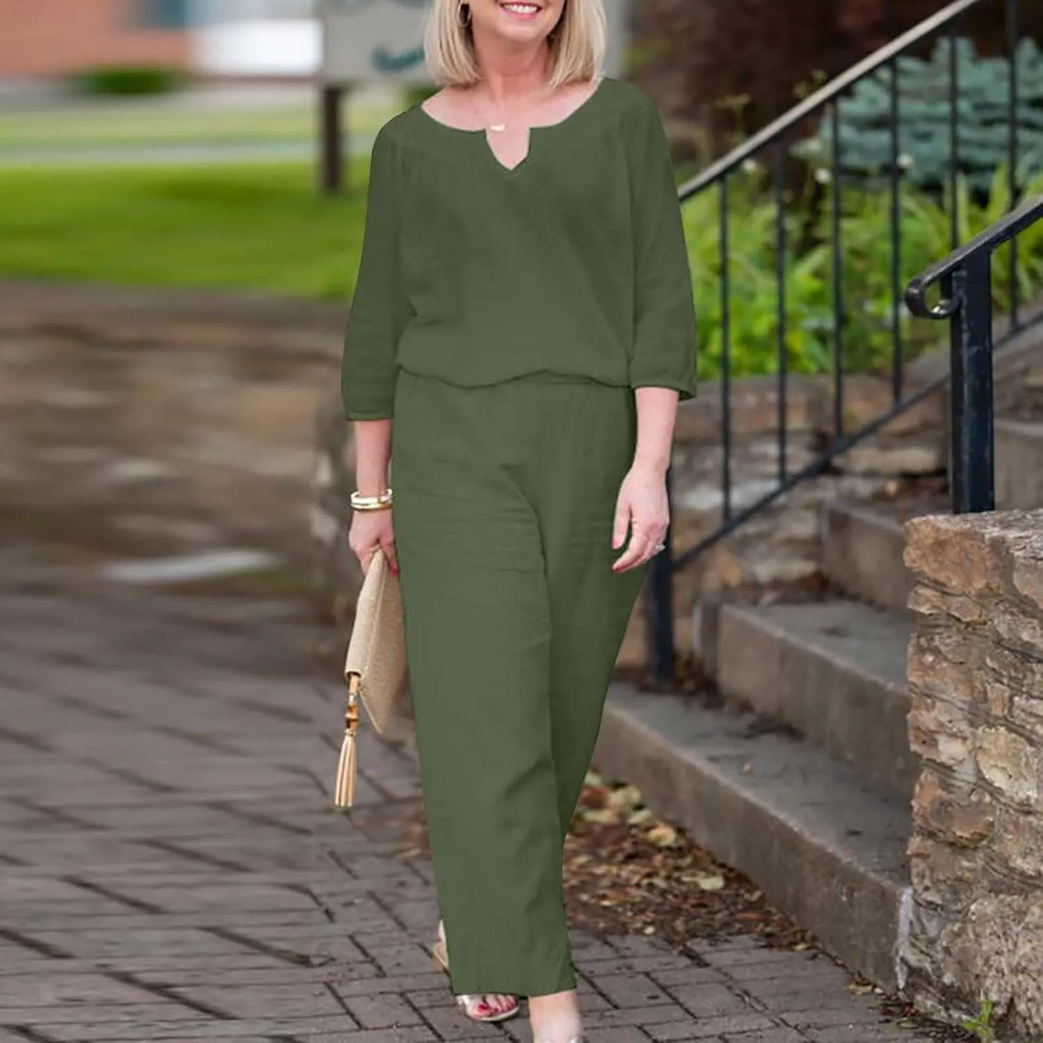 Lounge 2 Piece Outfits for Women Summer Linen Matching Set 3/4 Sleeve Tops and Wide Leg Long Pants Two Piece Sets