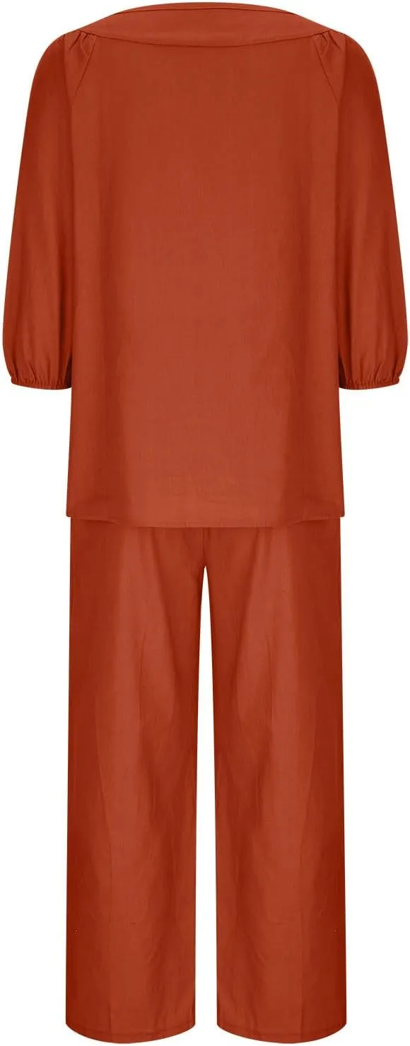 Lounge 2 Piece Outfits for Women Summer Linen Matching Set 3/4 Sleeve Tops and Wide Leg Long Pants Two Piece Sets