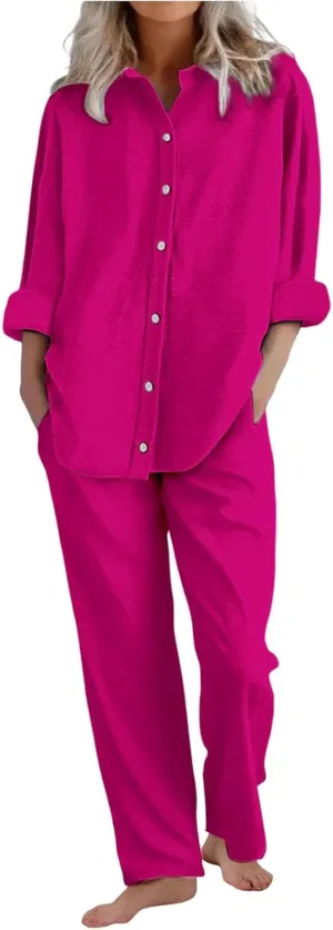 Lounge Sets for Women - Cotton Linen Pants Sets Summer Oversized Long Sleeve Button Shirt Casual Outfits Comfy Suit