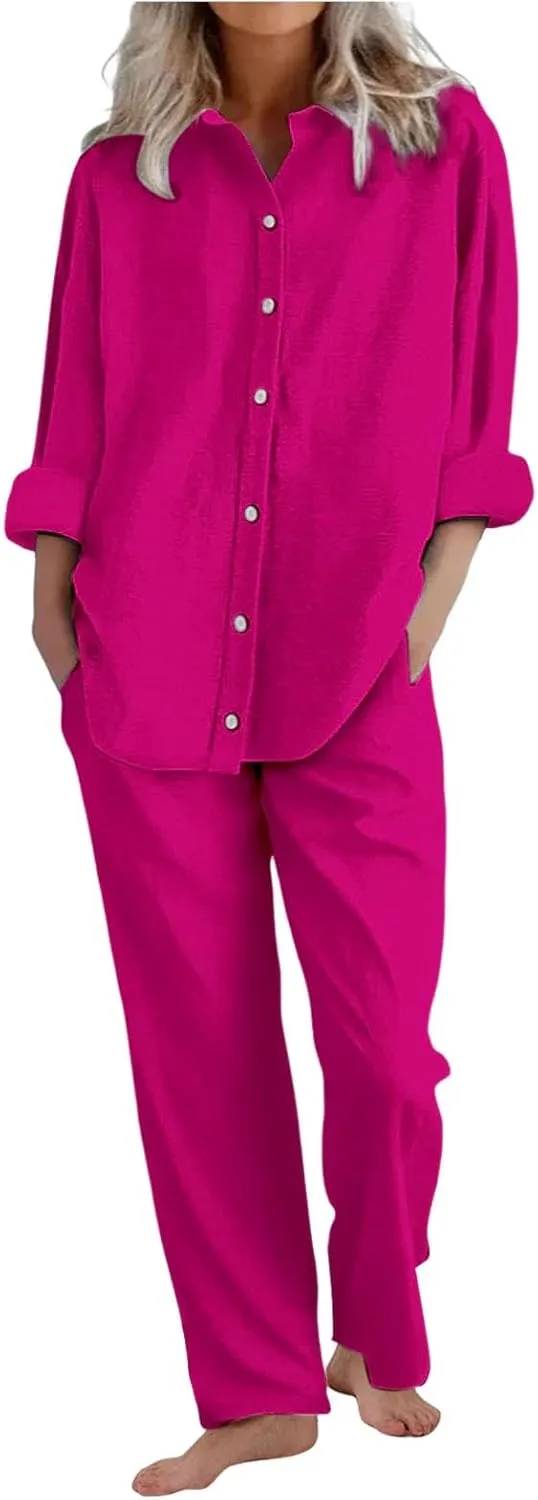 Lounge Sets for Women - Cotton Linen Pants Sets Summer Oversized Long Sleeve Button Shirt Casual Outfits Comfy Suit