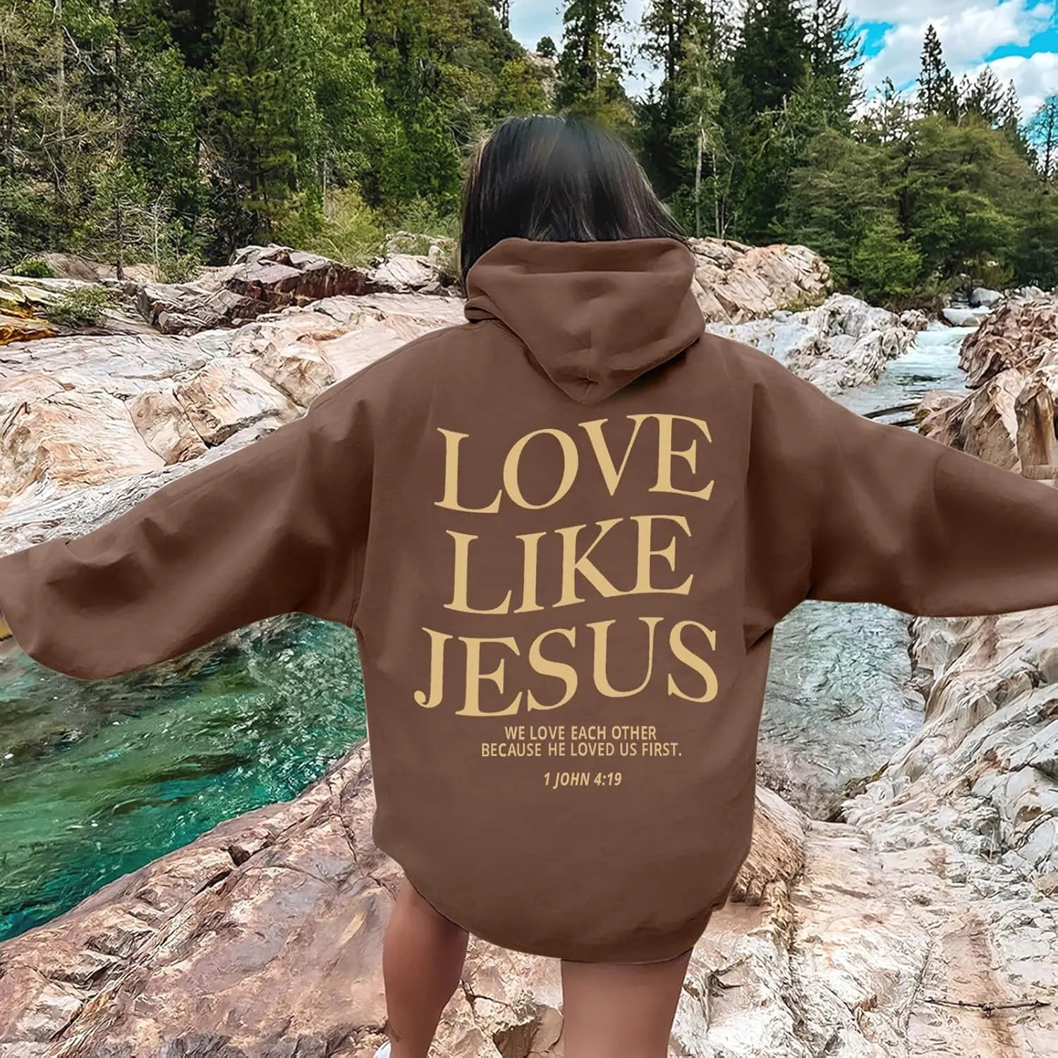 Love Like Jesus Graphic Christian Hoodies for Women Girls Bible Verse Oversized Long Sleeve Pocket Y2K Sweatshirt