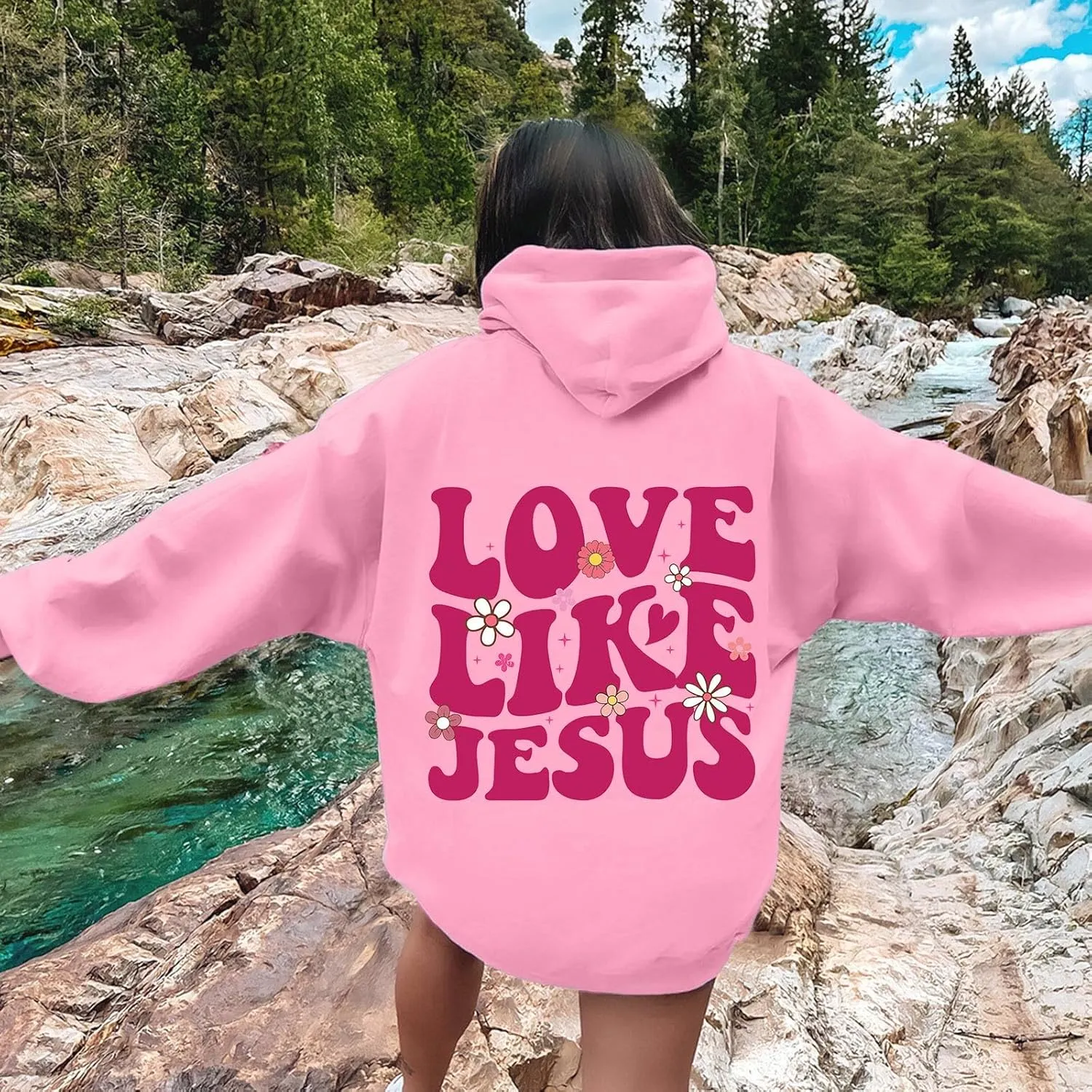 Love Like Jesus Graphic Christian Hoodies for Women Girls Bible Verse Oversized Long Sleeve Pocket Y2K Sweatshirt