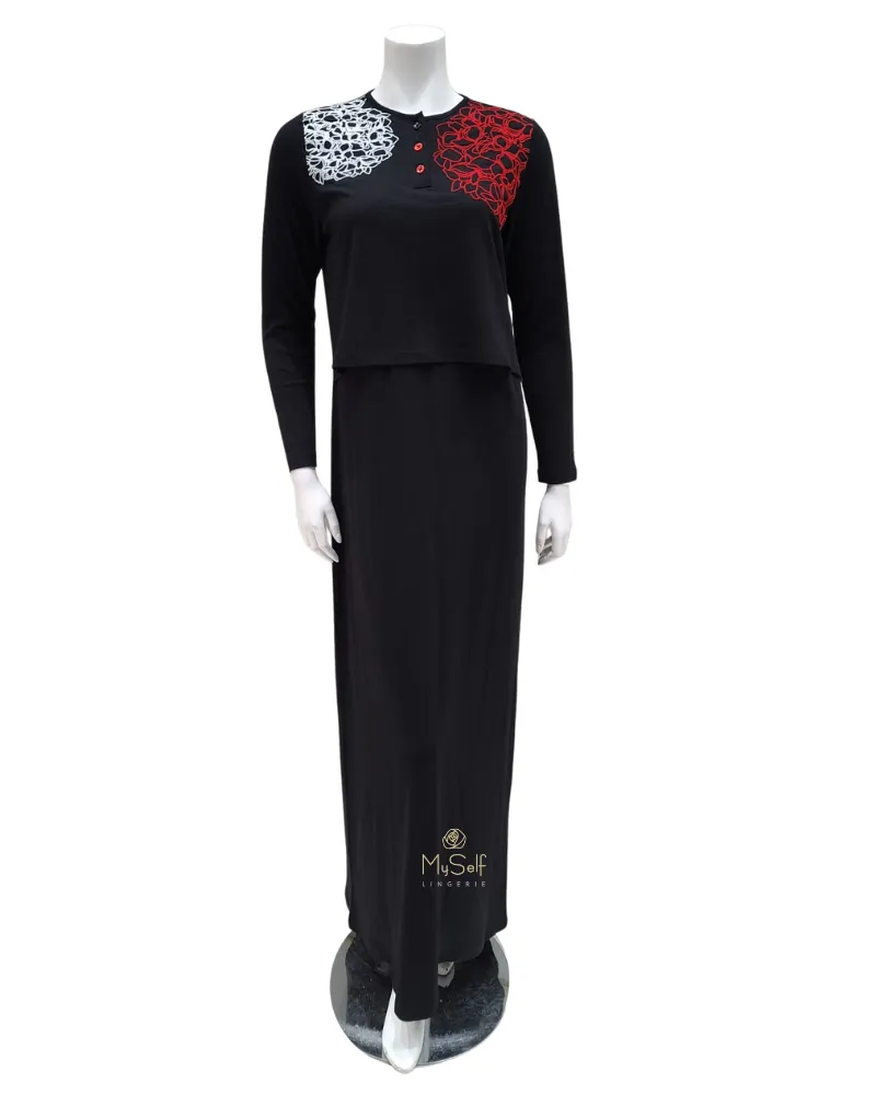 Lunderbeck Flocked Hydrangea Black Nursing Nightgown