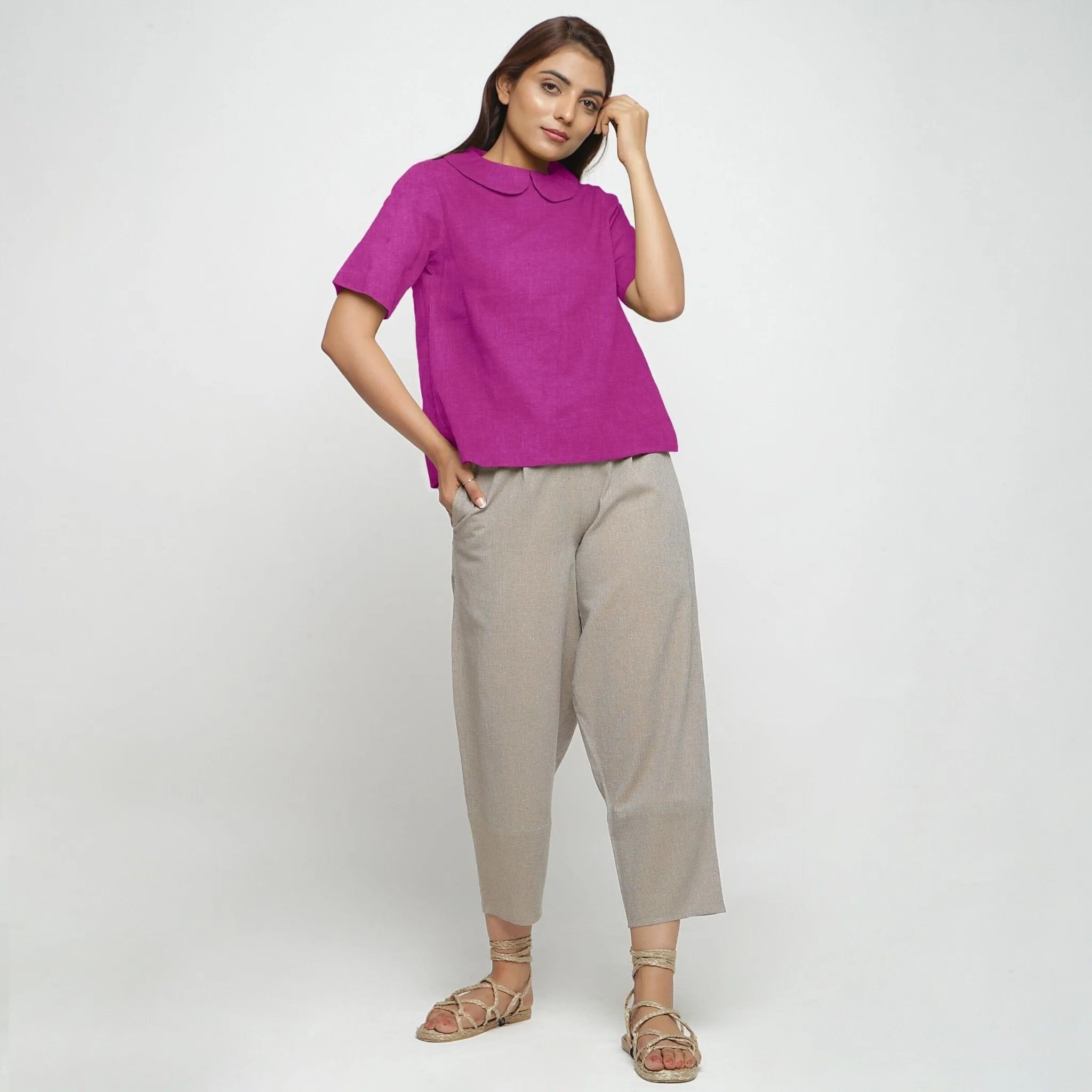 Magenta Cotton Linen Peter Pan Collar Half Sleeve Top