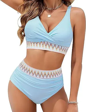 maisdgop High Waisted Bikini Sets for Women V Neck Tummy Control Swimsuits Comfy Soft Color Block Two Piece Bathing Suit