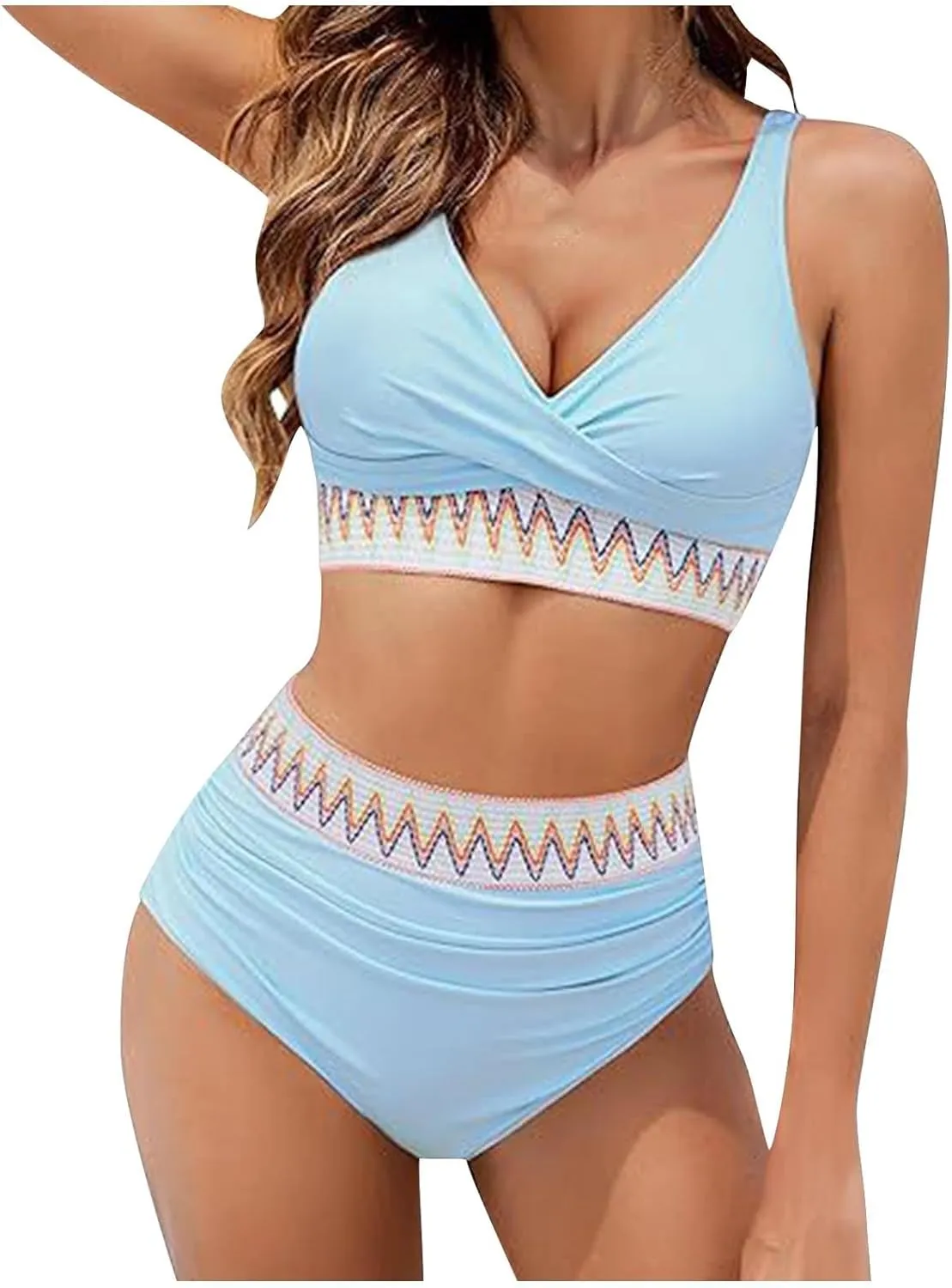 maisdgop High Waisted Bikini Sets for Women V Neck Tummy Control Swimsuits Comfy Soft Color Block Two Piece Bathing Suit