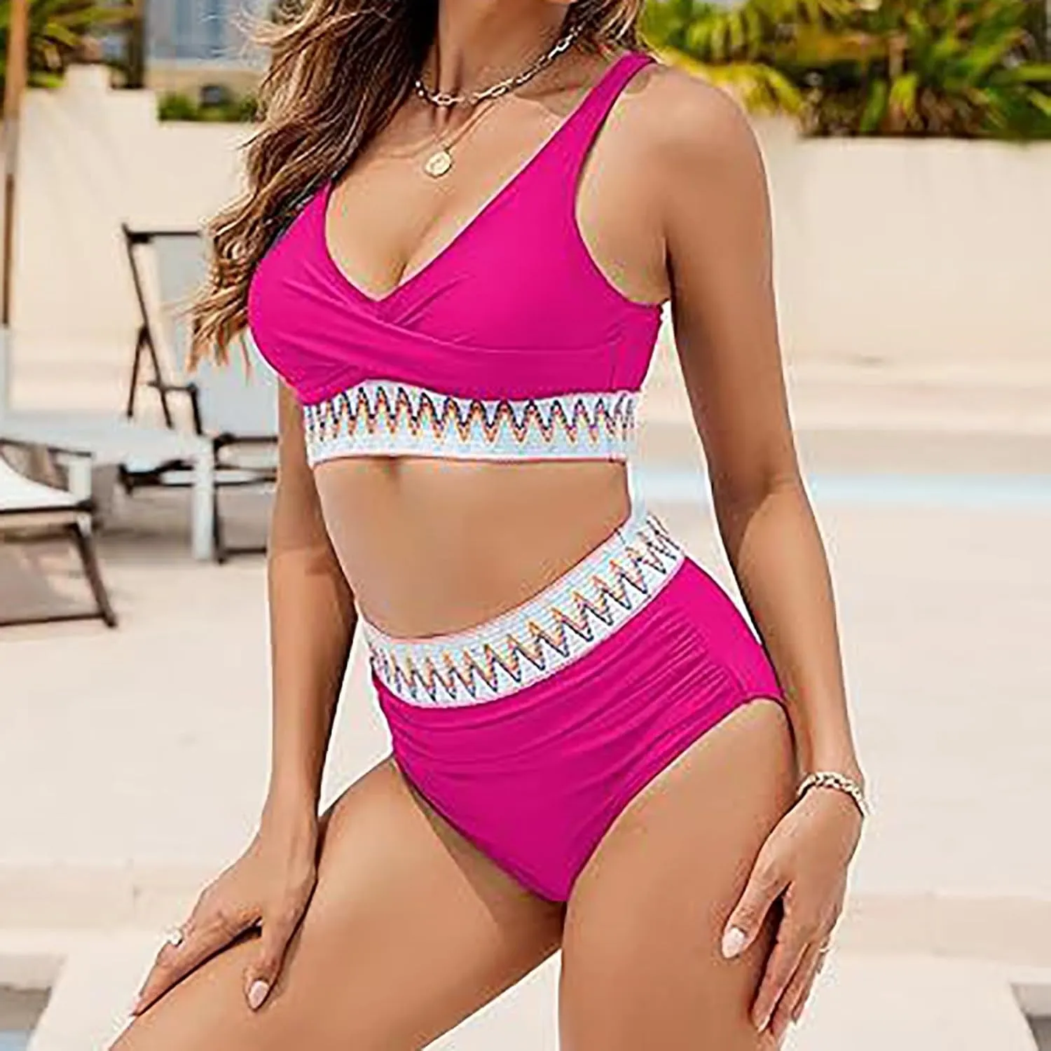 maisdgop High Waisted Bikini Sets for Women V Neck Tummy Control Swimsuits Comfy Soft Color Block Two Piece Bathing Suit